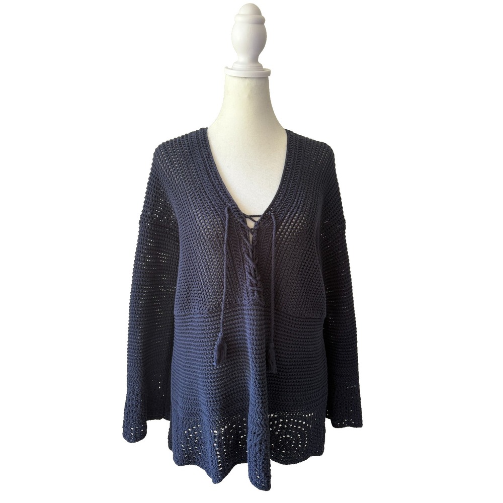 J.Jill Navy Crochet Knit Lace-Up Tunic Sweater Boho Coastal Cotton Womens Size S